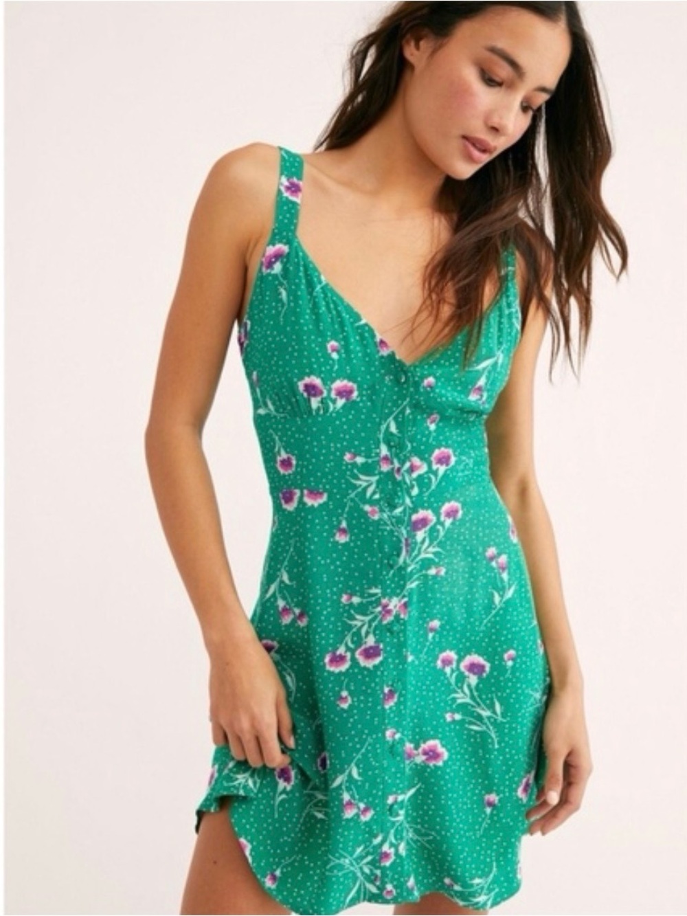 Free People On My Mind Mini Slip Dress Cutout Back Green Floral Boho Women’s S